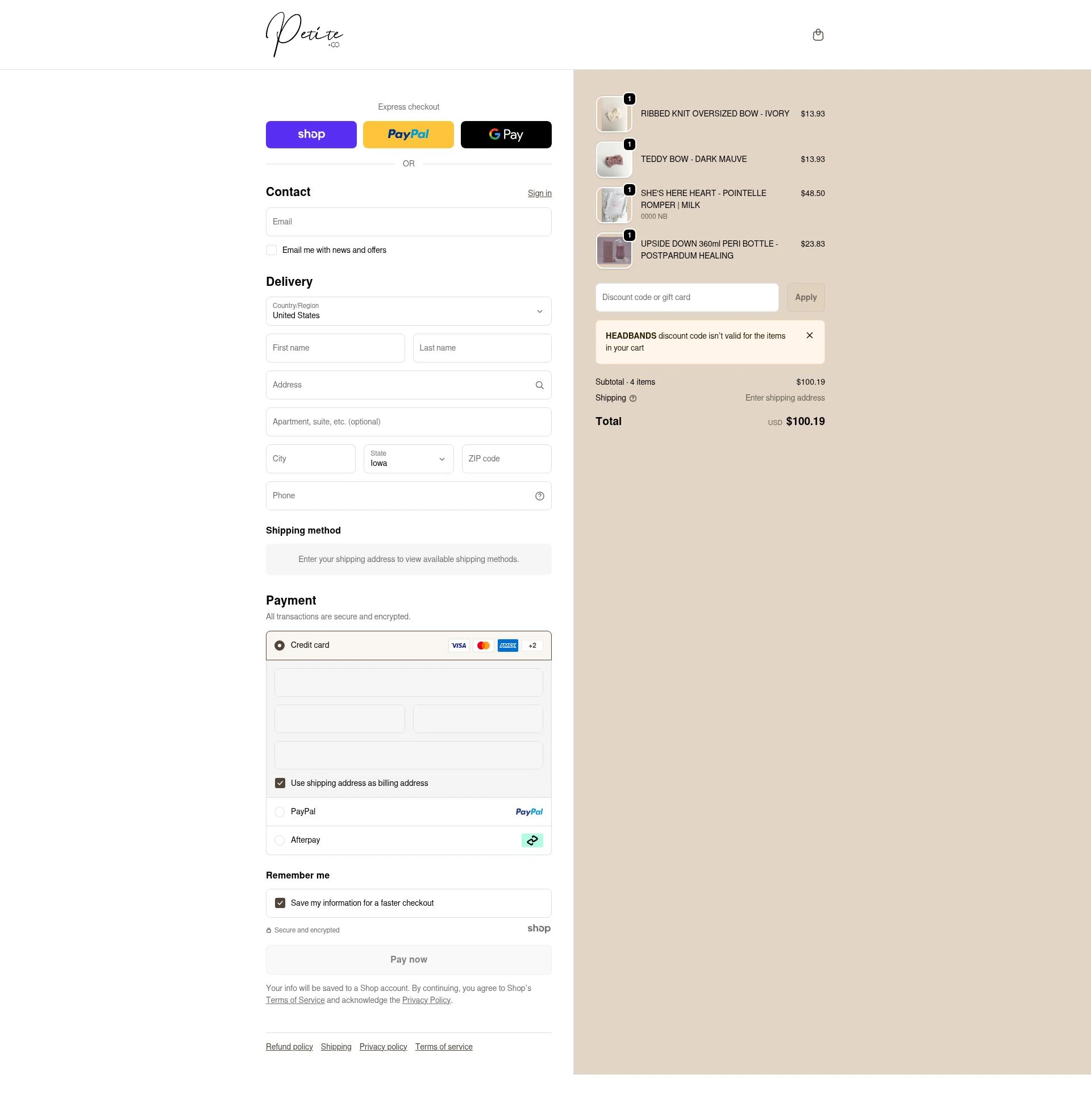 Petite Co au checkout page showing Petite Co au promo code box | Screenshot taken by SimplyCodes community member on Dec 28, 2025