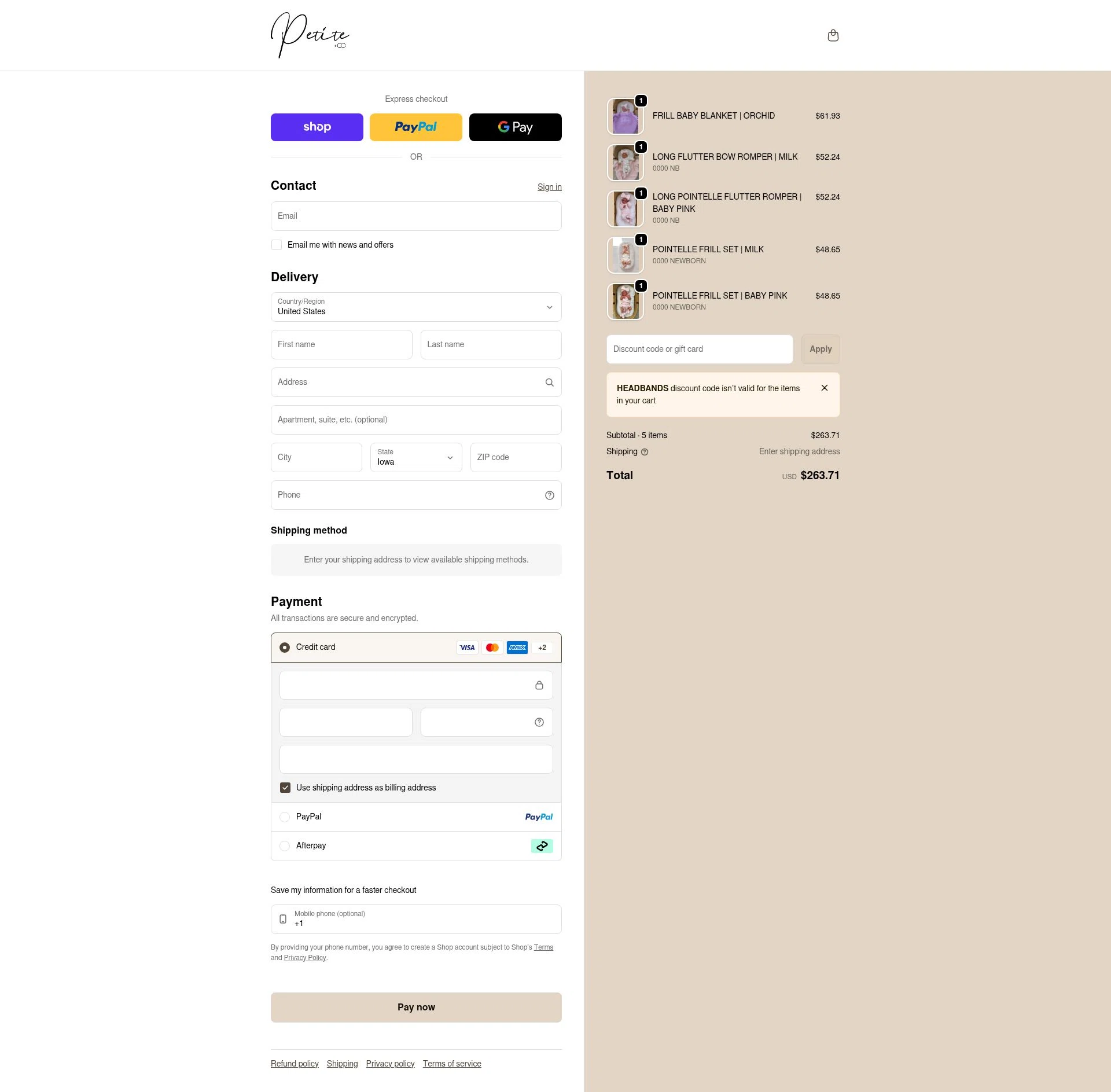 Petite Co au checkout page showing Petite Co au promo code box | Screenshot taken by SimplyCodes community member on Feb 11, 2026