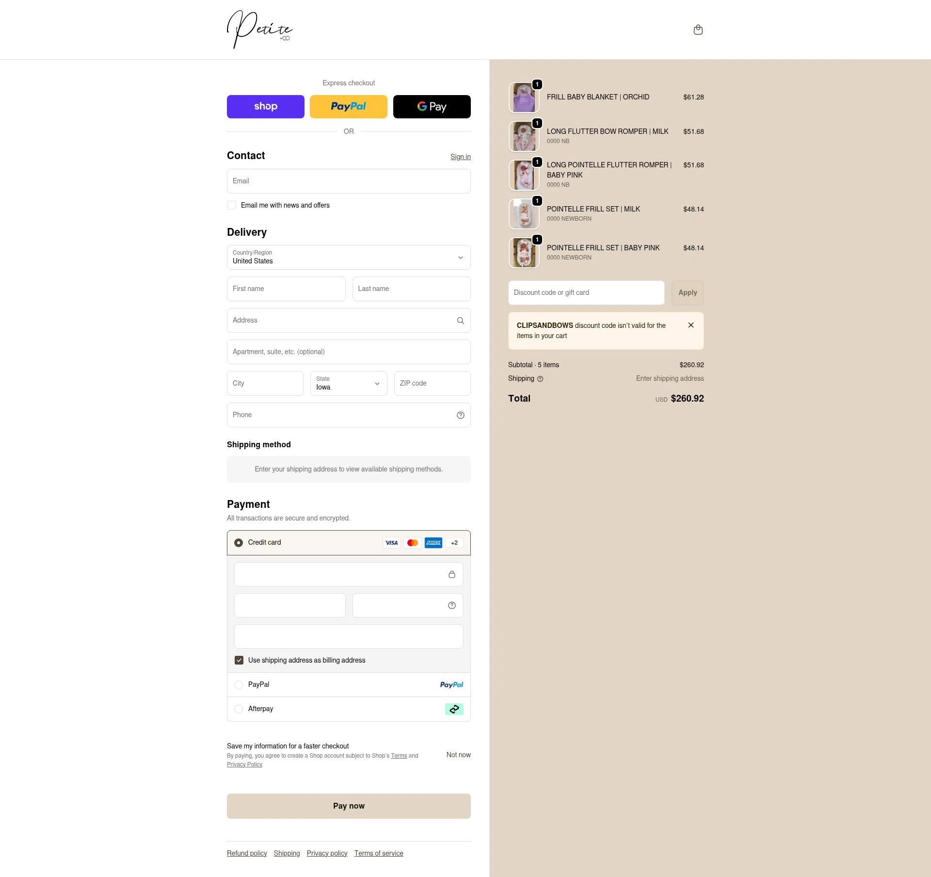 Petite Co au checkout page showing Petite Co au promo code box | Screenshot taken by SimplyCodes community member on Feb 17, 2026