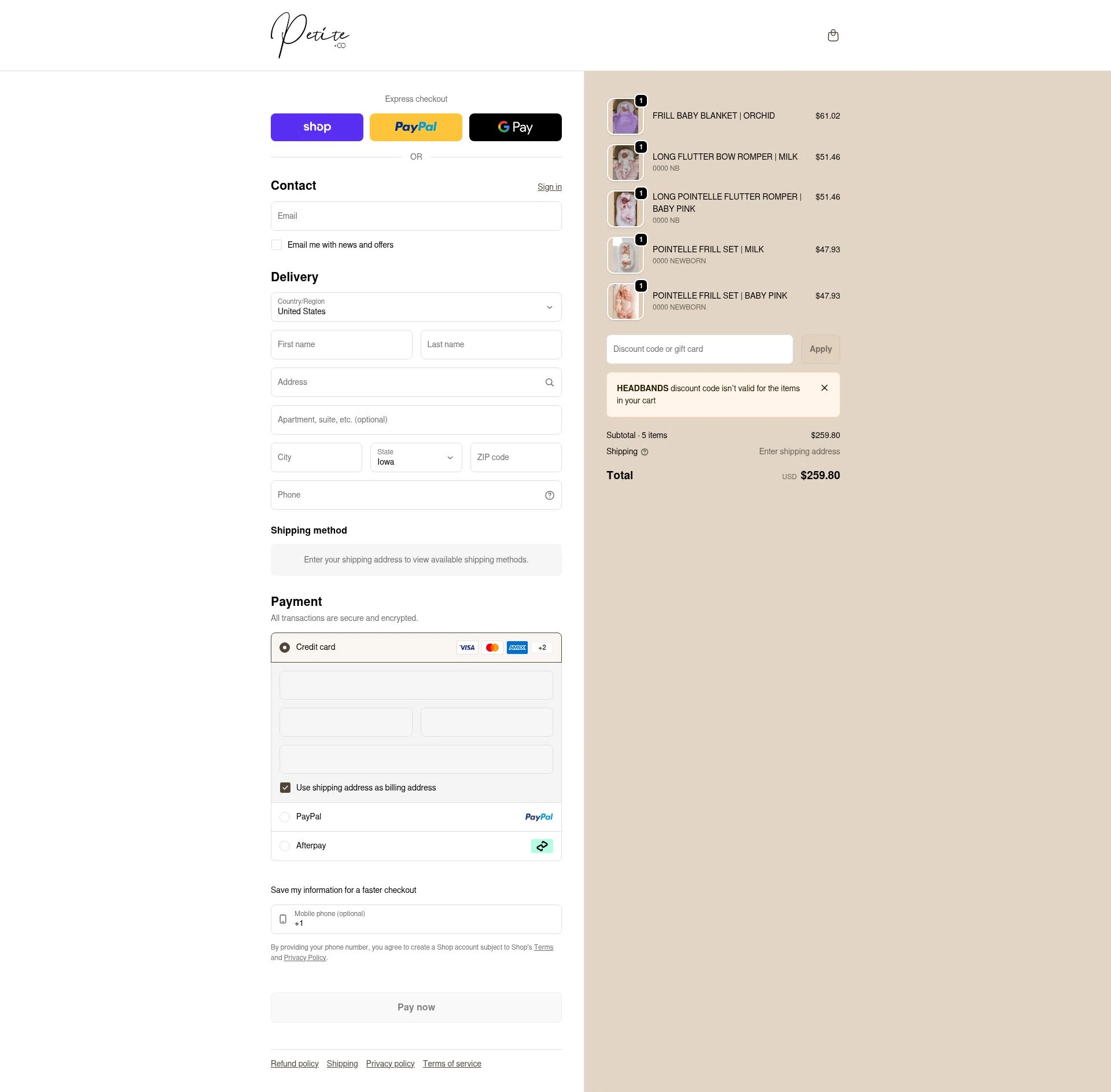 Petite Co au checkout page showing Petite Co au promo code box | Screenshot taken by SimplyCodes community member on Feb 8, 2026