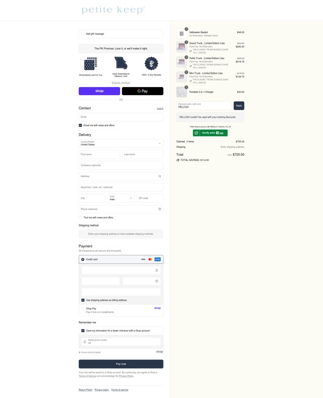 Petite Keep checkout page showing Petite Keep discount code box | Screenshot taken by SimplyCodes community member on Aug 30, 2025