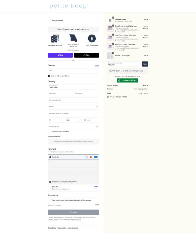 Petite Keep checkout page showing Petite Keep discount code box | Screenshot taken by SimplyCodes community member on Sep 3, 2025