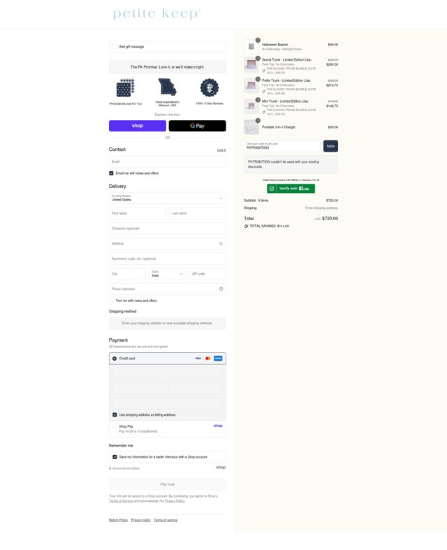 Petite Keep checkout page showing Petite Keep discount code box | Screenshot taken by SimplyCodes community member on Sep 3, 2025
