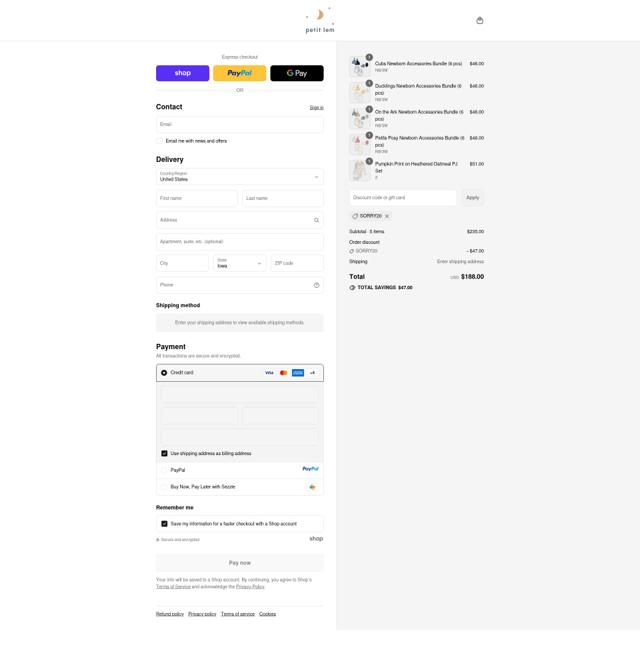 Petit Lem checkout page showing Petit Lem promo code box | Screenshot taken by SimplyCodes community member on Sep 10, 2025