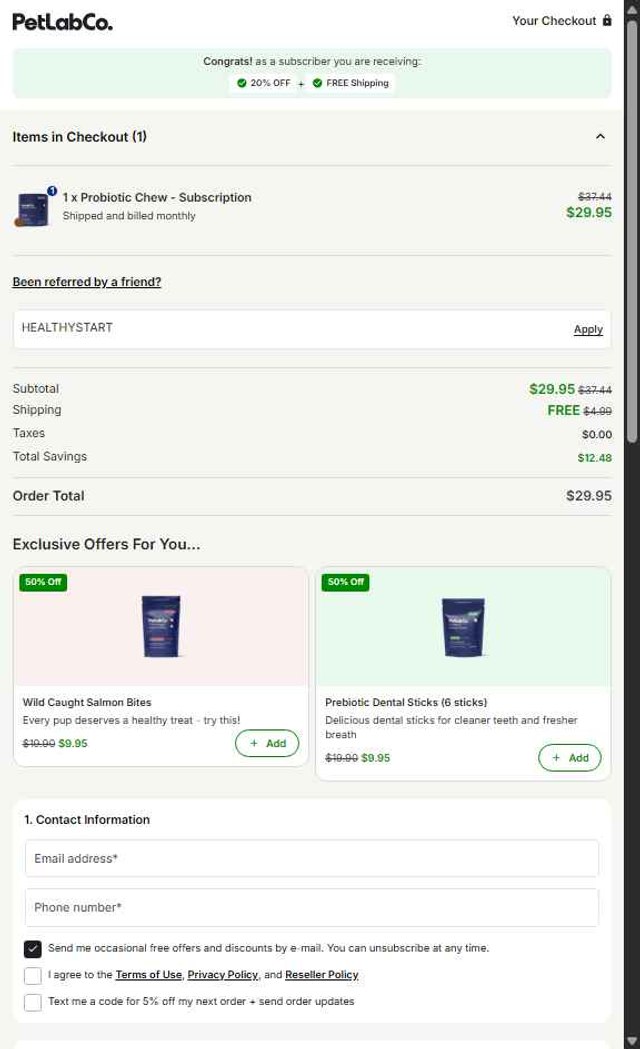 Petlab Co. checkout page showing Petlab Co. discount code box | Screenshot taken by SimplyCodes community member on Aug 20, 2025