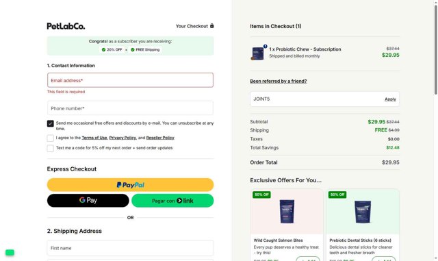 Petlab Co. checkout page showing Petlab Co. discount code box | Screenshot taken by SimplyCodes community member on Aug 18, 2025
