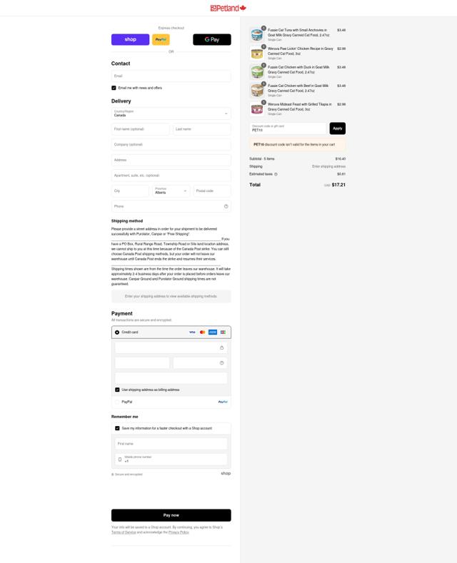 Petland checkout page showing Petland discount code box | Screenshot taken by SimplyCodes community member on Sep 2, 2025