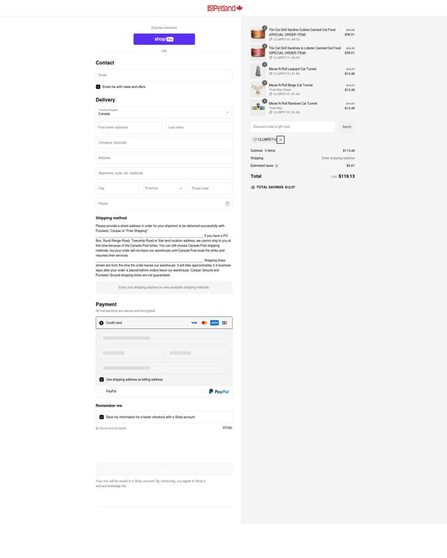 Petland checkout page showing Petland discount code box | Screenshot taken by SimplyCodes community member on Feb 23, 2025