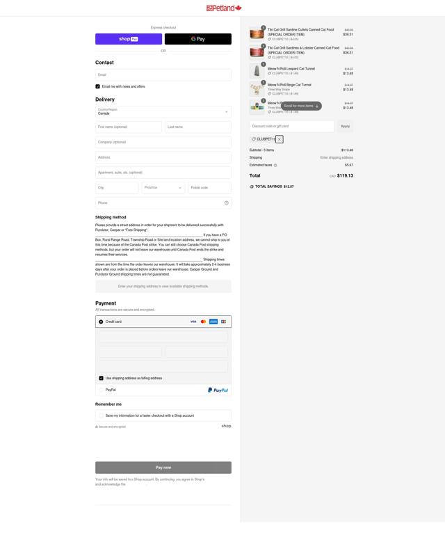 Petland checkout page showing Petland discount code box | Screenshot taken by SimplyCodes community member on Feb 25, 2025
