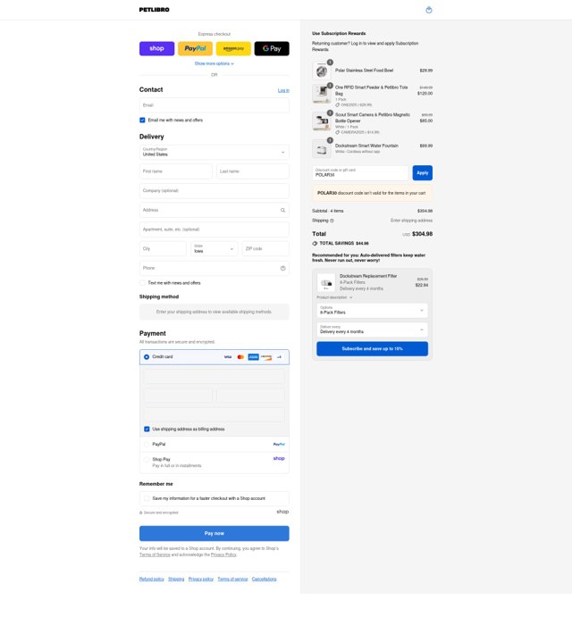 PetLibro checkout page showing PetLibro discount code box | Screenshot taken by SimplyCodes community member on Sep 6, 2025