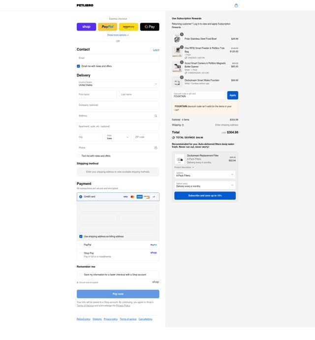 PetLibro checkout page showing PetLibro discount code box | Screenshot taken by SimplyCodes community member on Sep 6, 2025