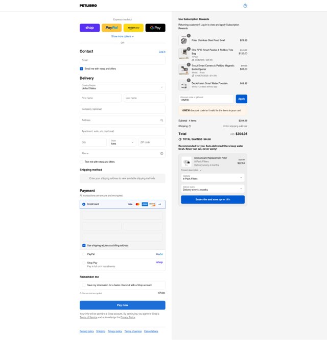 PetLibro checkout page showing PetLibro discount code box | Screenshot taken by SimplyCodes community member on Sep 6, 2025