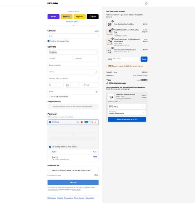 PetLibro checkout page showing PetLibro discount code box | Screenshot taken by SimplyCodes community member on Sep 6, 2025
