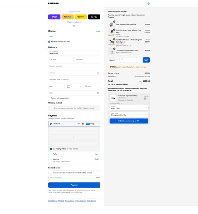PetLibro checkout page showing PetLibro discount code box | Screenshot taken by SimplyCodes community member on Sep 6, 2025