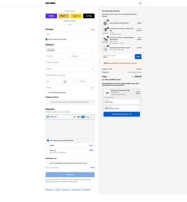 PetLibro checkout page showing PetLibro discount code box | Screenshot taken by SimplyCodes community member on Sep 6, 2025