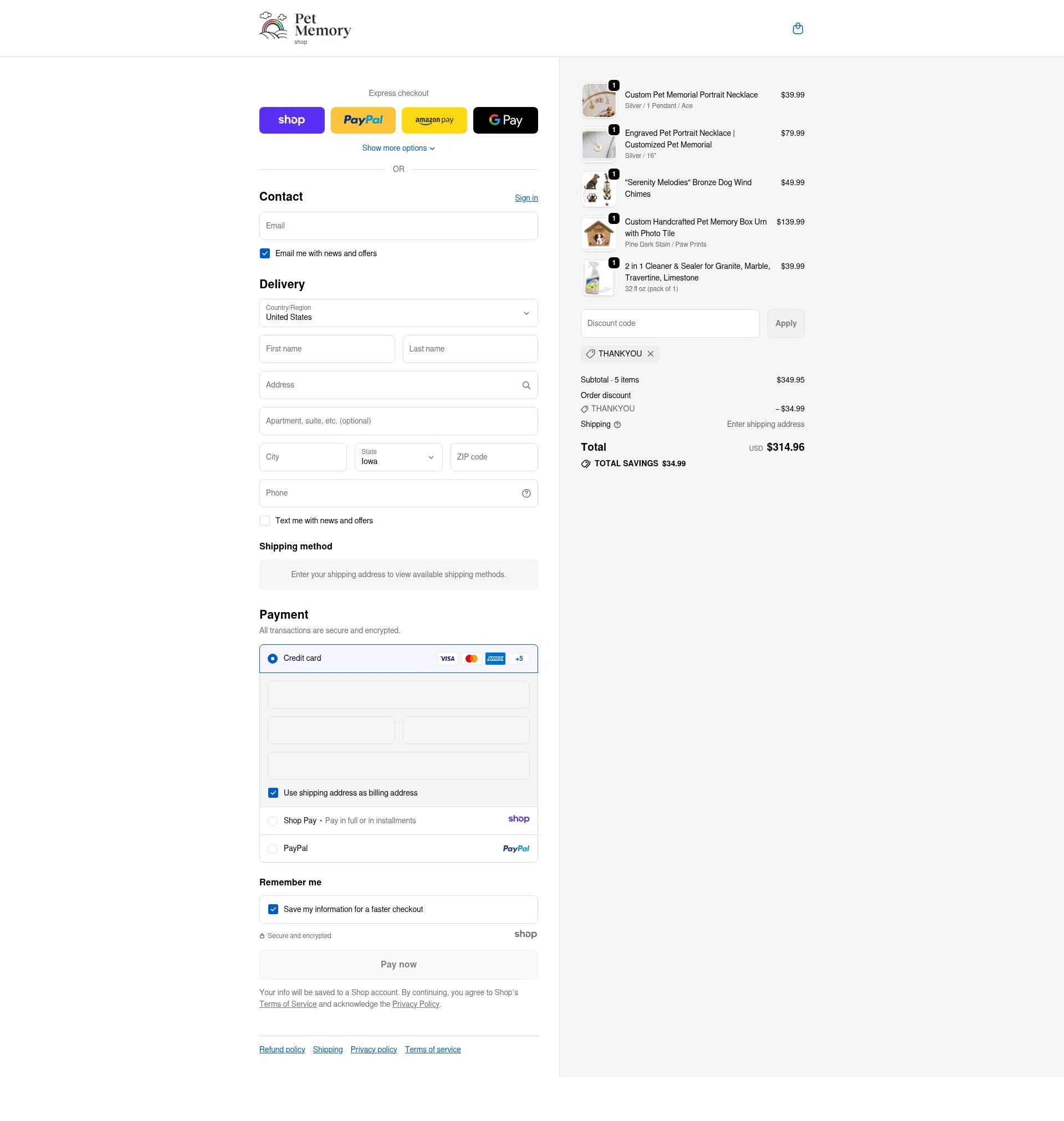 Pet Memory Shop checkout page showing Pet Memory Shop promo code box | Screenshot taken by SimplyCodes community member on Dec 28, 2025