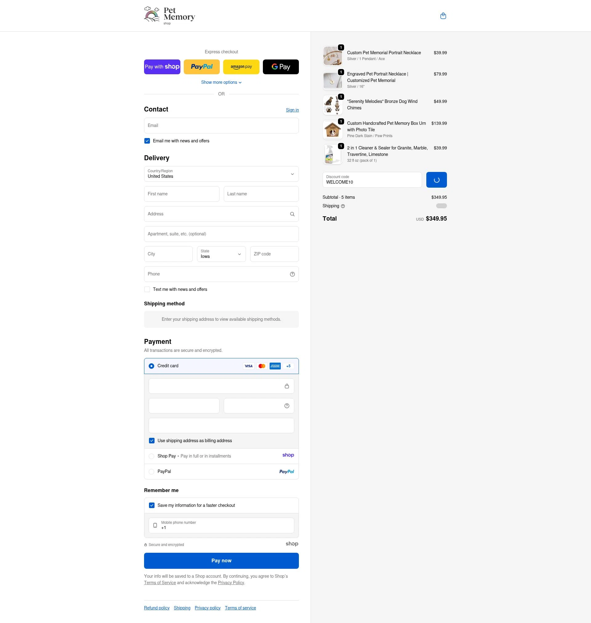 Pet Memory Shop checkout page showing Pet Memory Shop promo code box | Screenshot taken by SimplyCodes community member on Jan 7, 2026
