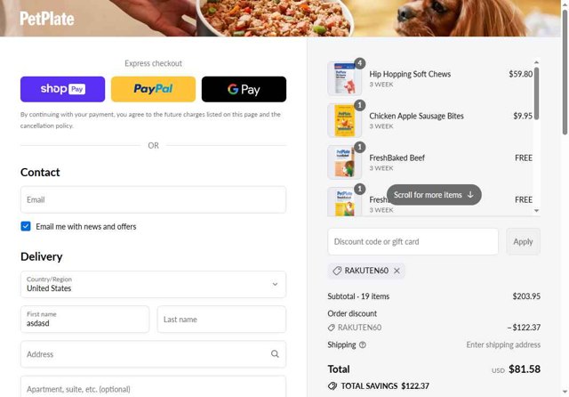 PetPlate checkout page showing PetPlate coupon code box | Screenshot taken by SimplyCodes community member on Jul 31, 2025