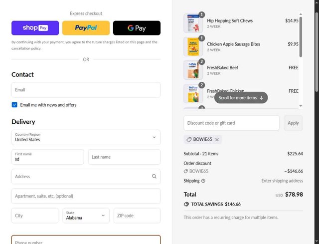 PetPlate checkout page showing PetPlate coupon code box | Screenshot taken by SimplyCodes community member on Aug 28, 2025