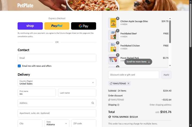 PetPlate checkout page showing PetPlate coupon code box | Screenshot taken by SimplyCodes community member on Aug 29, 2025