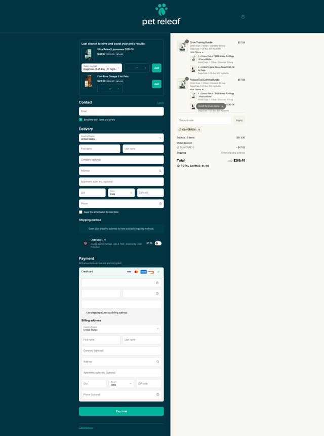 Pet Releaf checkout page showing Pet Releaf coupon code box | Screenshot taken by SimplyCodes community member on Sep 6, 2025