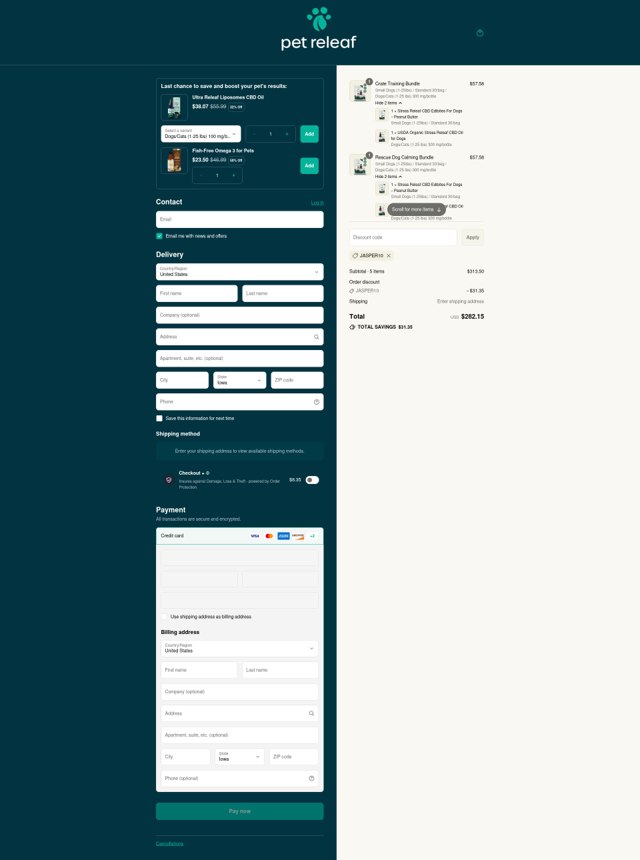 Pet Releaf checkout page showing Pet Releaf coupon code box | Screenshot taken by SimplyCodes community member on Sep 6, 2025