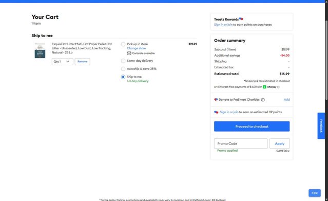 PetSmart checkout page showing PetSmart promo code box | Screenshot taken by SimplyCodes community member on Jun 26, 2025