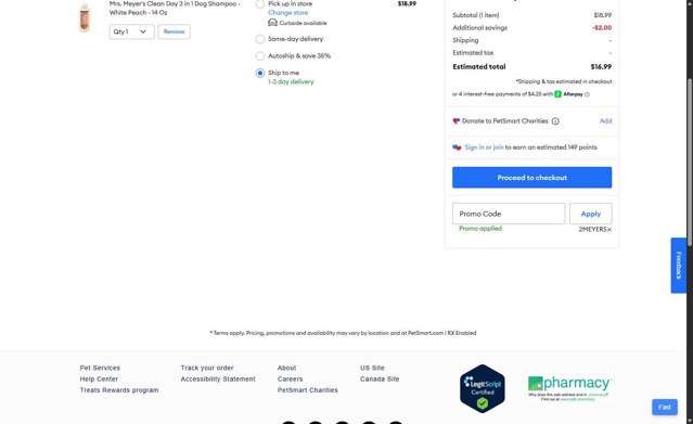 PetSmart checkout page showing PetSmart promo code box | Screenshot taken by SimplyCodes community member on Jun 26, 2025