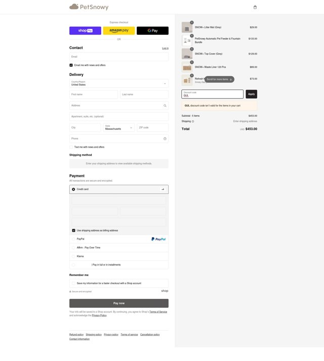 PetSnowy checkout page showing PetSnowy discount code box | Screenshot taken by SimplyCodes community member on Feb 24, 2025