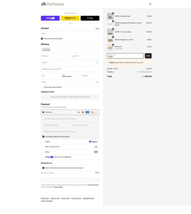 PetSnowy checkout page showing PetSnowy discount code box | Screenshot taken by SimplyCodes community member on Feb 24, 2025