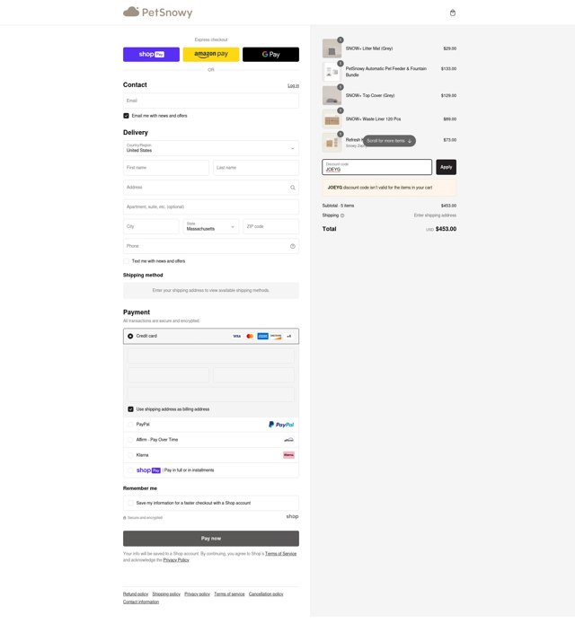 PetSnowy checkout page showing PetSnowy discount code box | Screenshot taken by SimplyCodes community member on Feb 24, 2025