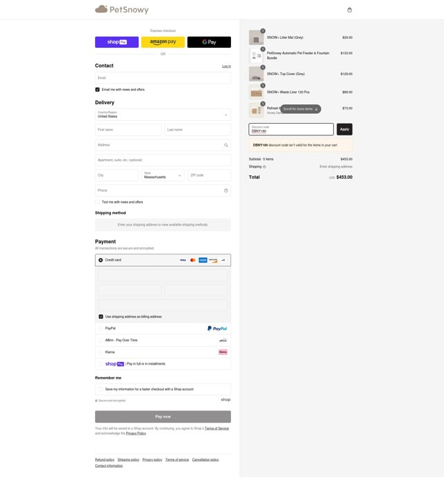 PetSnowy checkout page showing PetSnowy discount code box | Screenshot taken by SimplyCodes community member on Feb 24, 2025