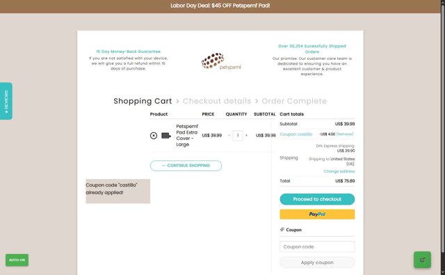 Petspemf checkout page showing Petspemf coupon code box | Screenshot taken by SimplyCodes community member on Sep 8, 2025