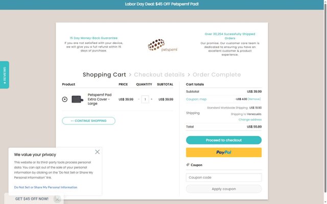 Petspemf checkout page showing Petspemf coupon code box | Screenshot taken by SimplyCodes community member on Sep 3, 2025
