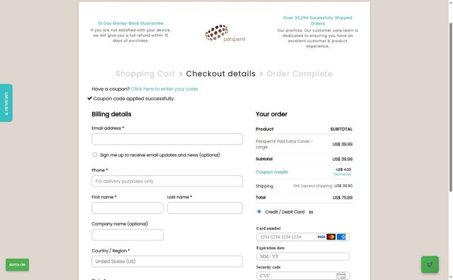 Petspemf checkout page showing Petspemf coupon code box | Screenshot taken by SimplyCodes community member on Sep 6, 2025