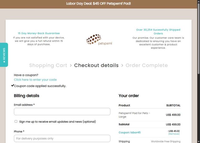 Petspemf checkout page showing Petspemf coupon code box | Screenshot taken by SimplyCodes community member on Sep 4, 2025