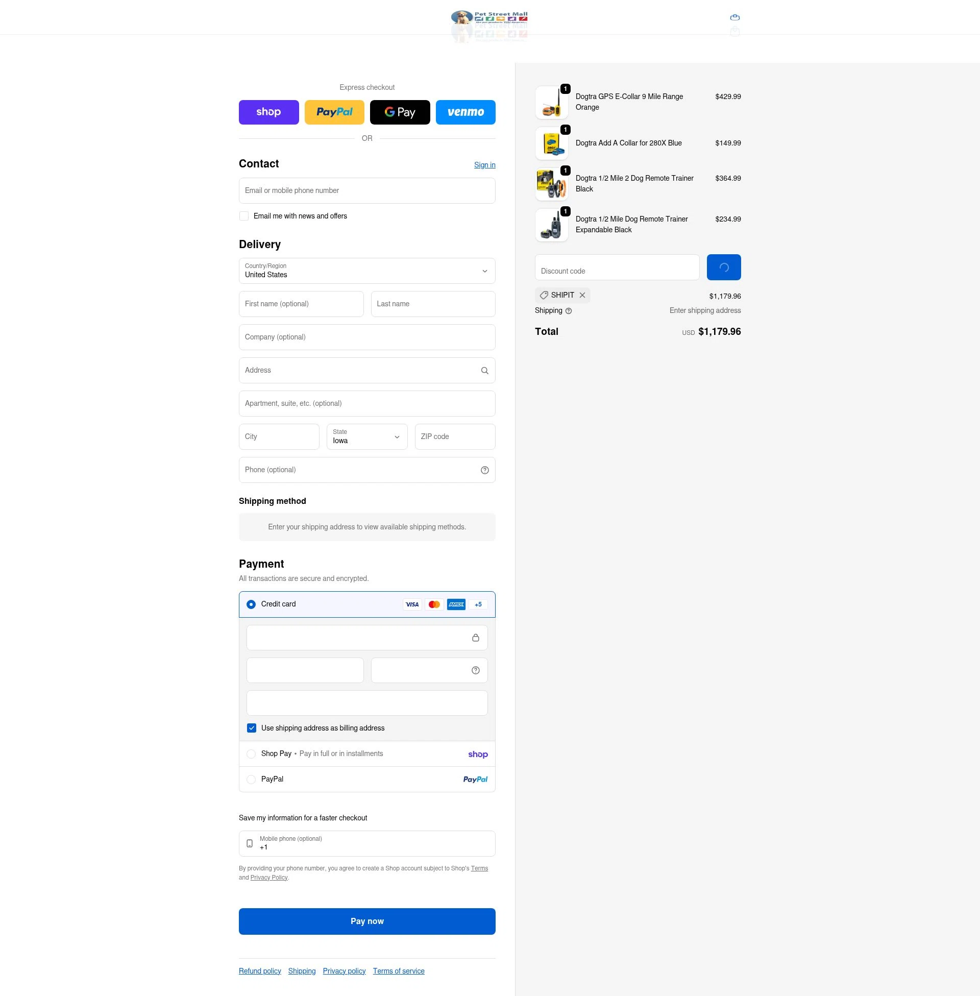 Pet Street Mall checkout page showing Pet Street Mall coupon code box | Screenshot taken by SimplyCodes community member on Feb 2, 2026