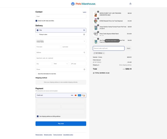 Pets Warehouse checkout page showing Pets Warehouse coupon code box | Screenshot taken by SimplyCodes community member on Apr 24, 2025