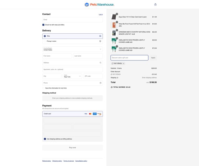Pets Warehouse checkout page showing Pets Warehouse coupon code box | Screenshot taken by SimplyCodes community member on Jun 17, 2025