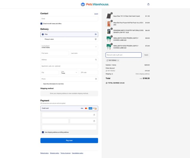 Pets Warehouse checkout page showing Pets Warehouse coupon code box | Screenshot taken by SimplyCodes community member on Jun 14, 2025
