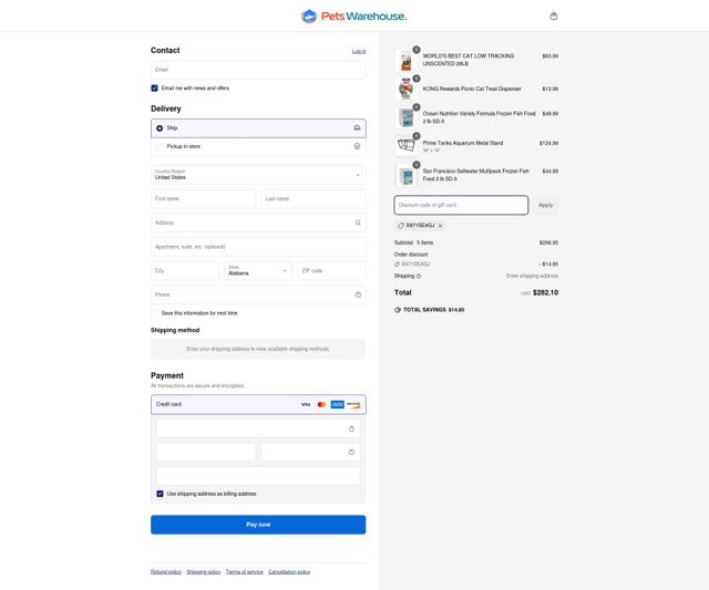 Pets Warehouse checkout page showing Pets Warehouse coupon code box | Screenshot taken by SimplyCodes community member on May 1, 2025