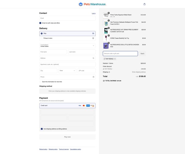 Pets Warehouse checkout page showing Pets Warehouse coupon code box | Screenshot taken by SimplyCodes community member on Apr 3, 2025
