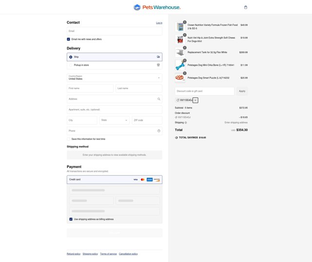 Pets Warehouse checkout page showing Pets Warehouse coupon code box | Screenshot taken by SimplyCodes community member on Feb 21, 2025