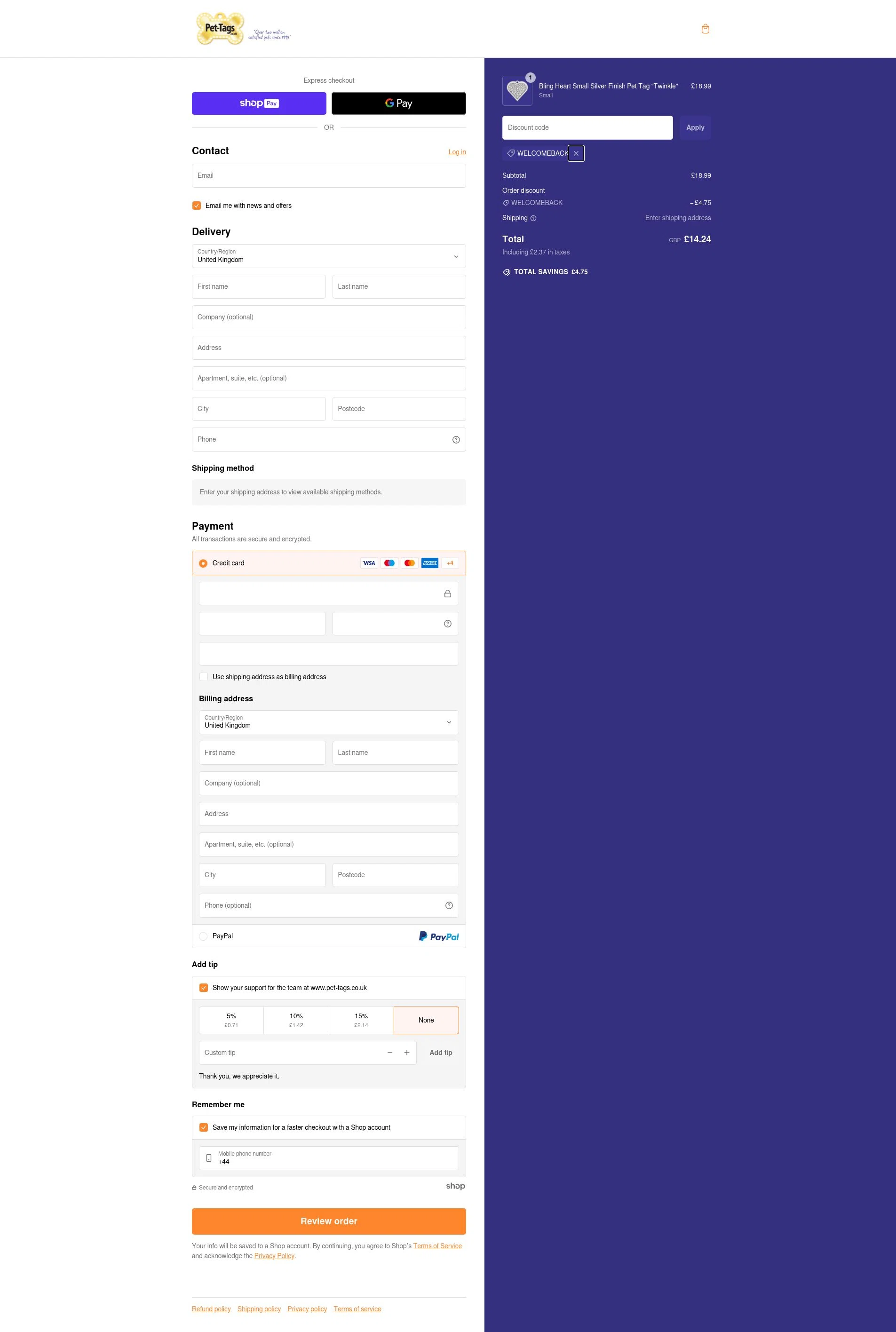 Pet-Tags.com checkout page showing Pet-Tags.com promo code box | Screenshot taken by SimplyCodes community member on Dec 15, 2024