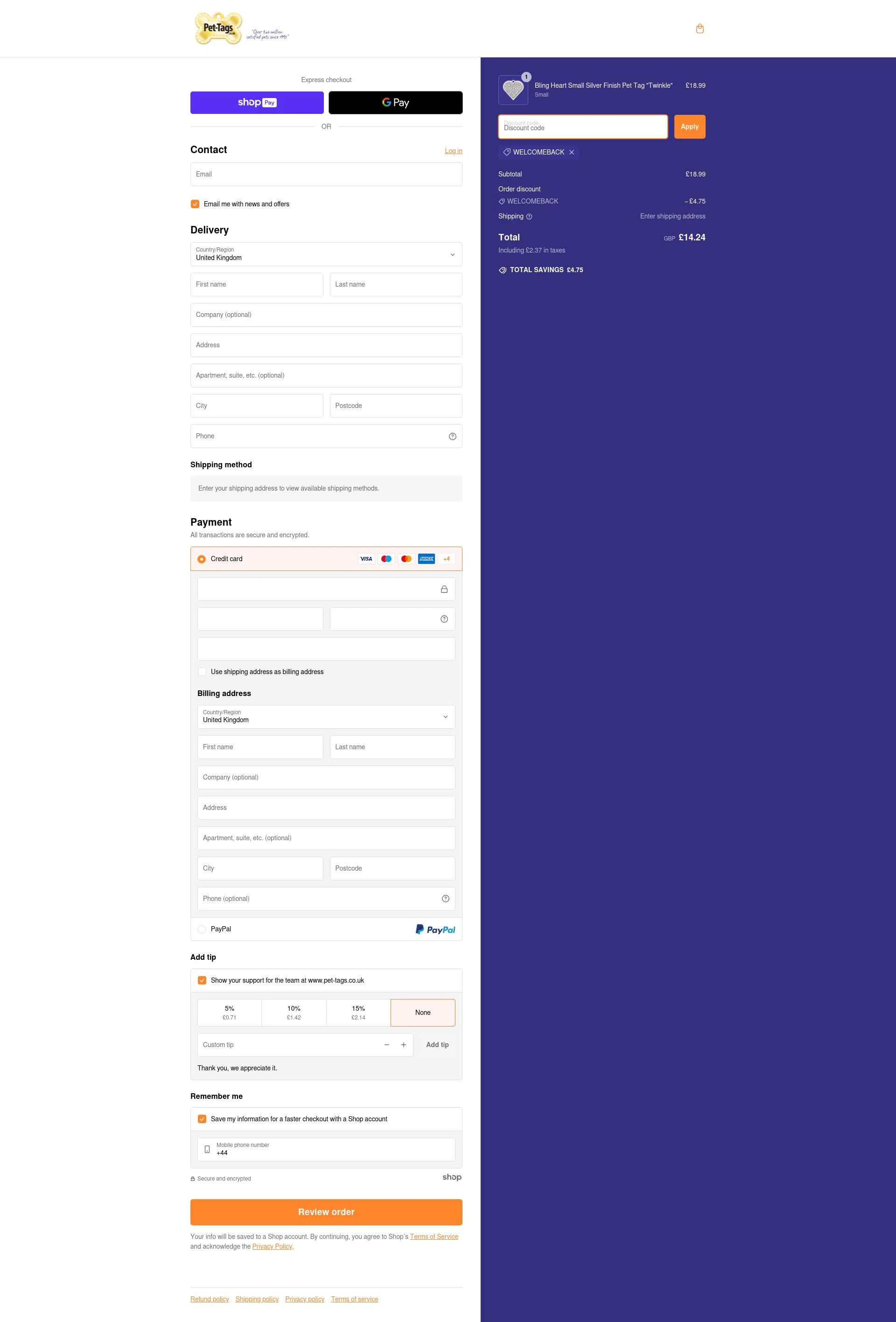Pet-Tags.com checkout page showing Pet-Tags.com promo code box | Screenshot taken by SimplyCodes community member on Dec 11, 2024