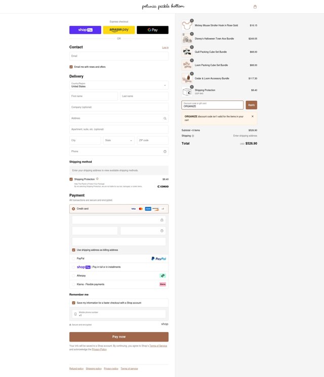 Petunia Pickle Bottom checkout page showing Petunia Pickle Bottom discount code box | Screenshot taken by SimplyCodes community member on Jan 28, 2025