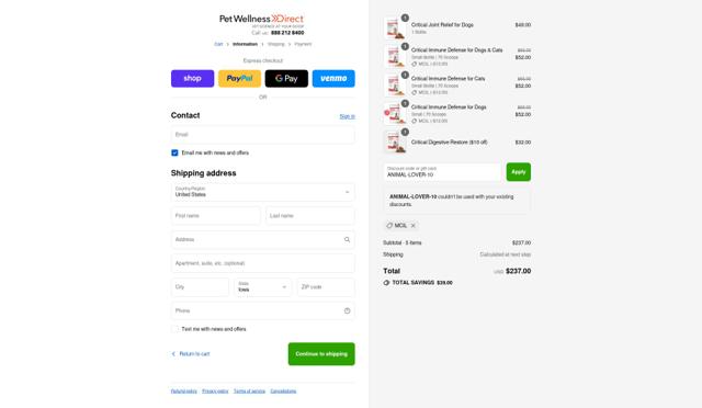 PetWellnessDirect checkout page showing PetWellnessDirect promo code box | Screenshot taken by SimplyCodes community member on Sep 9, 2025