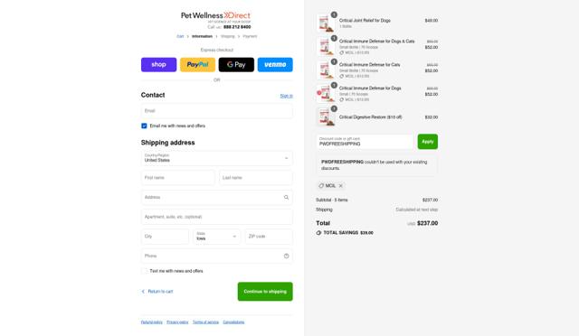 PetWellnessDirect checkout page showing PetWellnessDirect promo code box | Screenshot taken by SimplyCodes community member on Sep 9, 2025