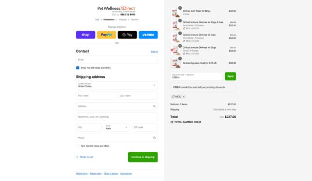 PetWellnessDirect checkout page showing PetWellnessDirect promo code box | Screenshot taken by SimplyCodes community member on Sep 9, 2025