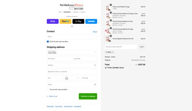 PetWellnessDirect checkout page showing PetWellnessDirect promo code box | Screenshot taken by SimplyCodes community member on Sep 13, 2025